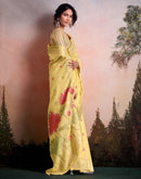 Light Yellow Linen Silk Woven Printed Saree