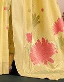 Light Yellow Linen Silk Woven Printed Saree