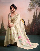 Beige Linen Silk Woven Printed Saree