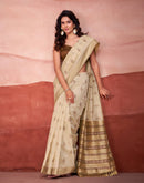 Beige Cotton Woven Printed Saree