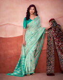 Light Teal Green Cotton Woven Printed Saree