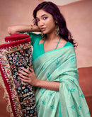 Light Teal Green Cotton Woven Printed Saree
