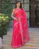 Ready To Wear Pink Linen Printed Embroidery Border Saree