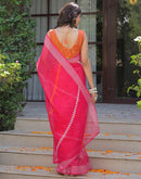 Ready To Wear Pink Linen Printed Embroidery Border Saree
