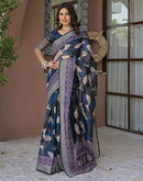 Ready To Wear Navy Blue Linen Printed Embroidery Border Saree