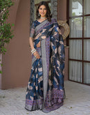 Ready To Wear Navy Blue Linen Printed Embroidery Border Saree