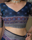 Ready To Wear Navy Blue Linen Printed Embroidery Border Saree