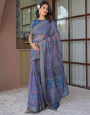 Ready To Wear Blue Linen Printed Embroidery Border Saree