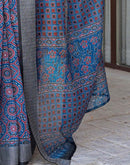 Ready To Wear Blue Linen Printed Embroidery Border Saree