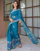 Ready To Wear Teal Blue Linen Printed Embroidery Border Saree