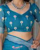 Ready To Wear Teal Blue Linen Printed Embroidery Border Saree