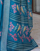 Ready To Wear Teal Blue Linen Printed Embroidery Border Saree