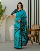 Teal Blue Khadi Printed Saree