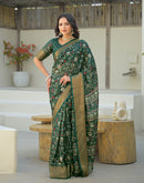 Green Silk Printed Zari Stripe Saree 