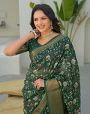 Green Silk Printed Zari Stripe Saree 