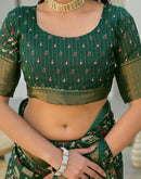 Green Silk Printed Zari Stripe Saree 