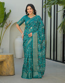 Teal Green Silk Printed Zari Stripe Saree 