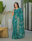 Teal Green Silk Printed Zari Stripe Saree 