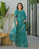 Teal Green Silk Printed Zari Stripe Saree 