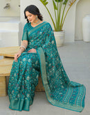 Teal Green Silk Printed Zari Stripe Saree 