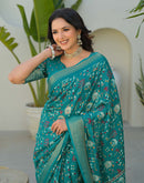 Teal Green Silk Printed Zari Stripe Saree 