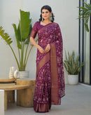 Magenta Silk Printed Zari Stripe Saree 