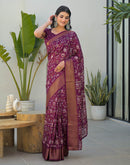 Magenta Silk Printed Zari Stripe Saree 