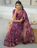 Magenta Silk Printed Zari Stripe Saree 