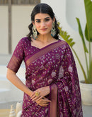 Magenta Silk Printed Zari Stripe Saree 