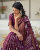 Magenta Silk Printed Zari Stripe Saree 