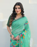 Turquoise Linen Printed Saree