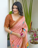 Peach Linen Printed Saree