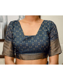 Navy Blue Silk Bandhani Printed Zari Stripe Saree 