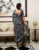 Navy Blue Silk Bandhani Printed Zari Stripe Saree 
