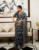 Navy Blue Silk Bandhani Printed Zari Stripe Saree 