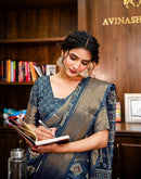 Navy Blue Silk Bandhani Printed Zari Stripe Saree 