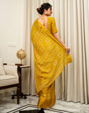Yellow Silk Bandhani Printed Zari Stripe Saree 