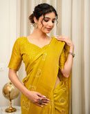 Yellow Silk Bandhani Printed Zari Stripe Saree 