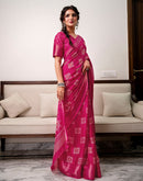 Rani Pink Silk Bandhani Printed Zari Stripe Saree 