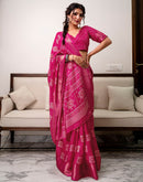 Rani Pink Silk Bandhani Printed Zari Stripe Saree 