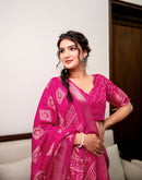 Rani Pink Silk Bandhani Printed Zari Stripe Saree 