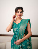 Teal Green Silk Bandhani Printed Zari Stripe Saree 