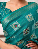 Teal Green Silk Bandhani Printed Zari Stripe Saree 