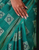 Teal Green Silk Bandhani Printed Zari Stripe Saree 