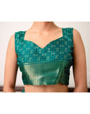 Teal Green Silk Bandhani Printed Zari Stripe Saree 