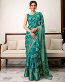 Teal Green Silk Bandhani Printed Zari Stripe Saree 