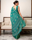 Teal Green Silk Bandhani Printed Zari Stripe Saree 