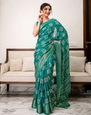 Teal Green Silk Bandhani Printed Zari Stripe Saree 