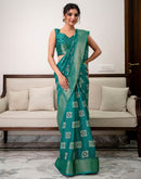 Teal Green Silk Bandhani Printed Zari Stripe Saree 