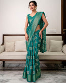Teal Green Silk Bandhani Printed Zari Stripe Saree 